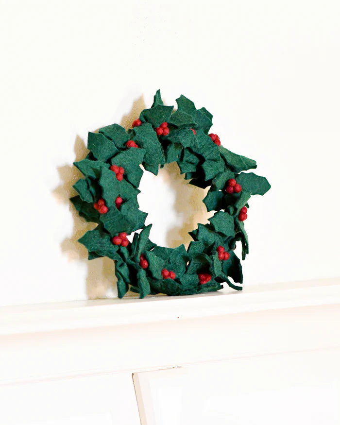 Large Felt Holly Wreath with Red Berries