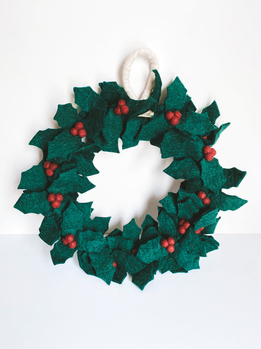 Large Felt Holly Wreath with Red Berries